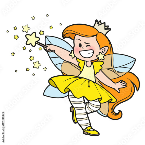 Cute cartoon fairy princess casts spell with magic wand isolated on white background