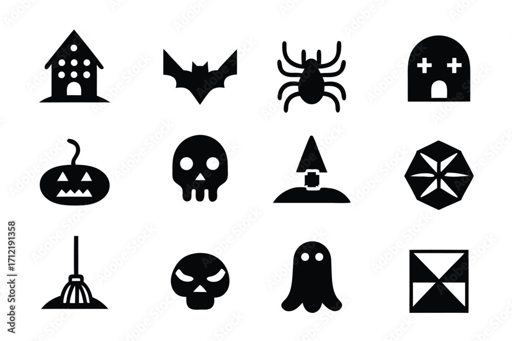 Obraz premium Collection of Halloween icons set silhouette vector art illustration. Halloween icons set – flat, spooky and festive designs for seasonal fun
