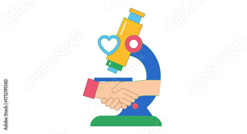 Microscope with Handshake and Heart Symbolizing Research Collaboration.
