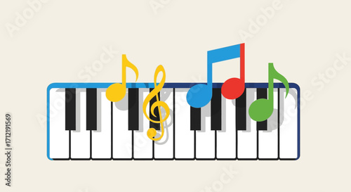 Colorful Musical Notes Floating Above a Piano Keyboard.