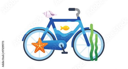 Ocean-themed bicycle with seashells, starfish, and fish.
