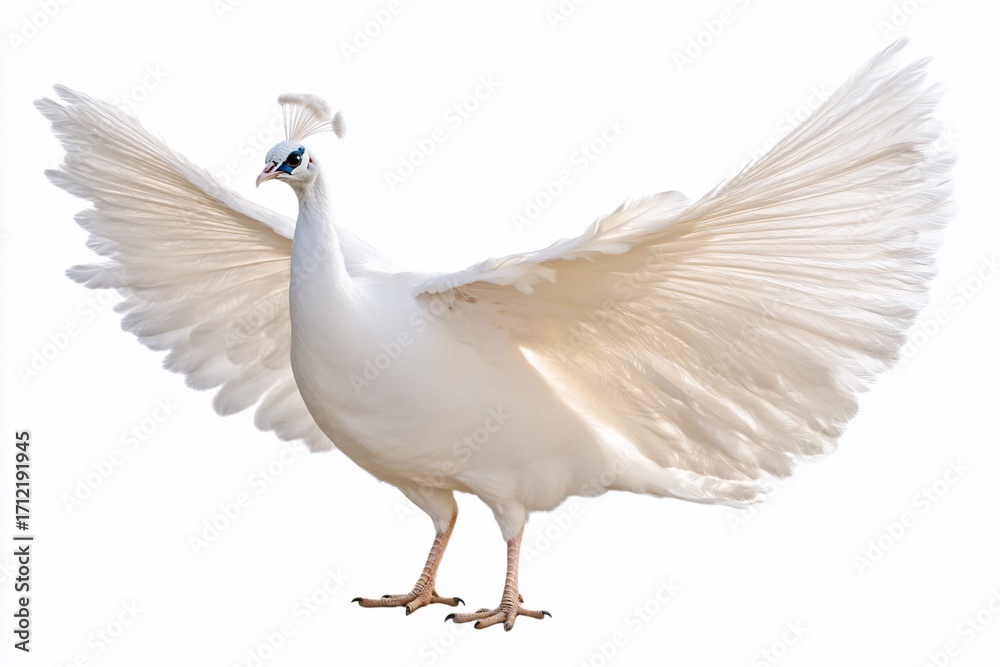 Obraz premium Majestic White Peacock Displaying Feathers Against a Clean Background