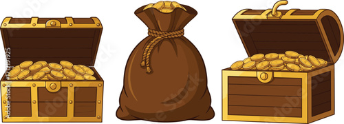 Treasure chest with gold coins, money bag illustration, wealth concept, financial success, pirate treasure, savings, fortune, economy, prosperity, cartoon