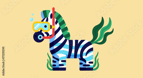 Cute cartoon zebra wearing snorkeling gear ready for underwater adventure.