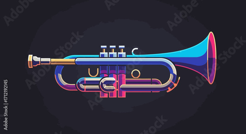 Vibrant neon colored trumpet musical instrument illustration.