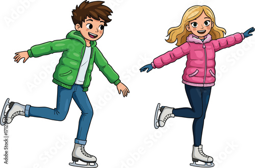 Cartoon ice skating couple, winter sports activity, happy boy and girl on ice rink, colorful clothing, seasonal recreation, vector ice skating couple, winter sports activity, happy