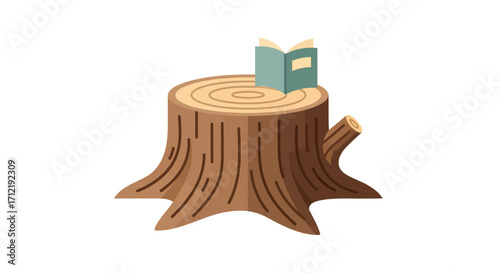 A solitary book resting on a detailed wooden tree stump.