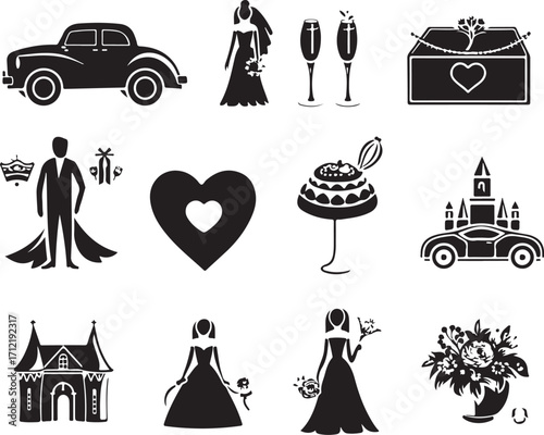 Elegant wedding icons for invitations, decor, and celebrations