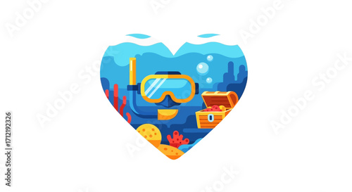 Heart shaped underwater scene with a snorkeling diver.