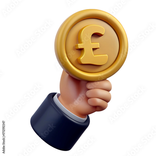 A 3D illustration of a hand holding a gold coin with a pound sterling symbol, symbolizing wealth and finance..