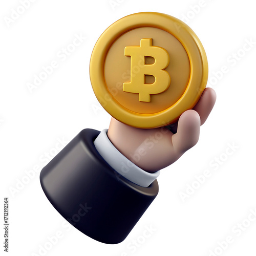 A lifelike 3D depiction of a hand offering a golden Bitcoin coin, ideal for themes of blockchain, finance, and cryptocurrency.  .