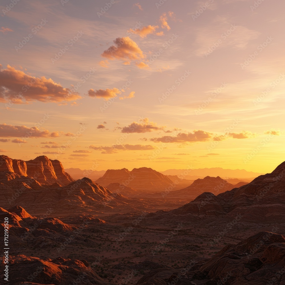 Naklejka premium Panoramic Monument Valley sunset with sandstone buttes, arid desert foreground, warm colors, vast serene atmosphere. 