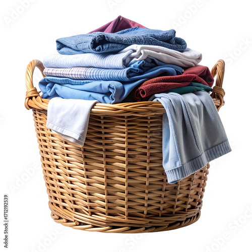Clothes Basket Filled with Laundry: A wicker laundry basket overflows with a neat pile of freshly laundered, folded clothes, inviting a sense of cleanliness and domesticity.