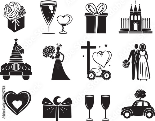 Celebrate love with wedding icons and romantic symbols