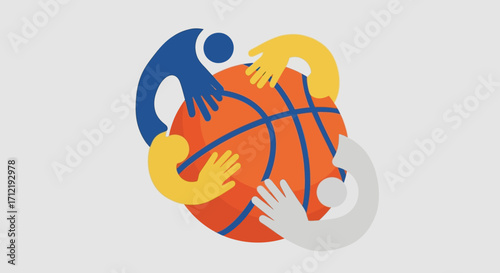 Diverse hands holding a basketball symbolizing teamwork and unity.