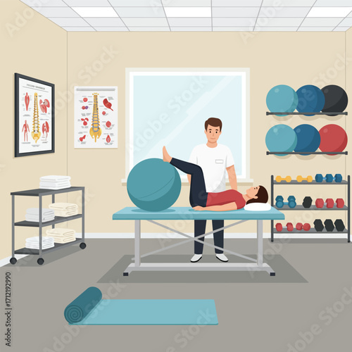 A physical therapist is treating a patient using an exercise ball, vector illustration