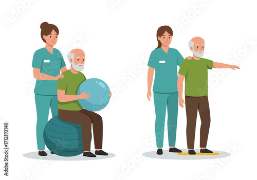 A female physical therapist is giving therapy to the elderly, vector illustration