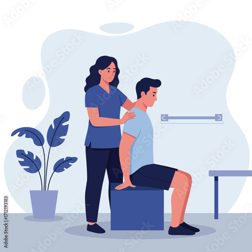 A female physical therapist is treating her patient, design vector illustration