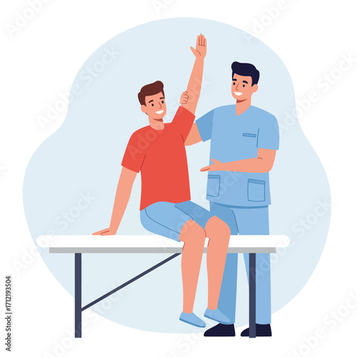 A male physical therapist is treating her patient, design vector illustration