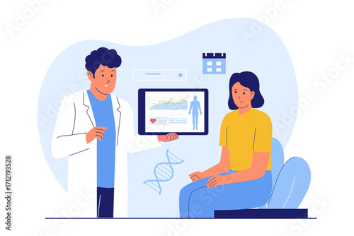 Illustration of Annual Physical Exam and Patient Health Monitoring. Doctor Reviewing a Patient's Medical Data for a General Checkup