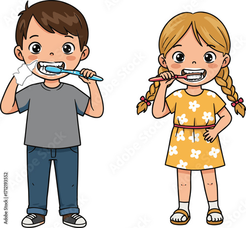 Cartoon kids brushing teeth, boy and girl dental hygiene, cheerful morning routine, flat vector illustration, cad drawing kids brushing teeth, boy and girl dental hygiene, cheerful mornin