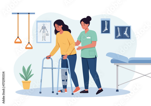 The female physical therapist is teaching the patient to walk, vector illustration