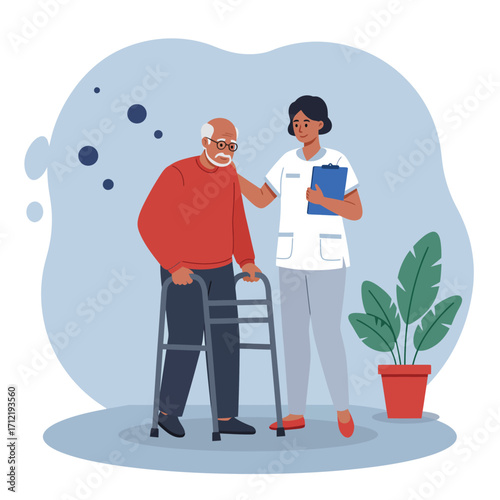 The female physical therapist is teaching the patient to walk, vector illustration