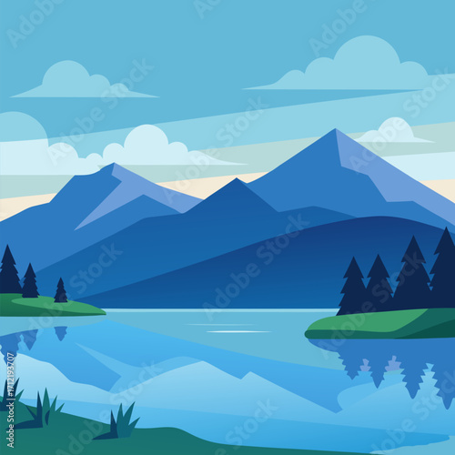 Calm lake summer afternoon distant mountains vector landscape background.