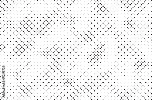 Halftone gradient. Faded stochastic dotwork texture. Random grunge noise background. Black dots, speckles or particles wallpaper. Halftone vector monochrome backdrop