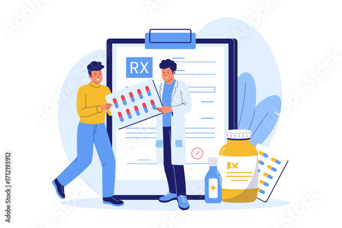 Illustration of Prescribing Medication. Doctor Prescribing Drugs with a Prescription Form and Pill Bottles