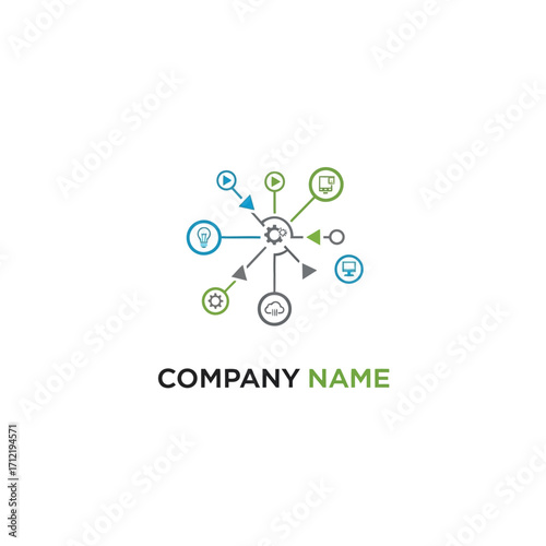 Abstract Technology Network Logo Design with Connected Icons and Company Name.
