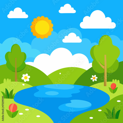 Blue water in pond with shore covered with green grass and flowers, bushes and trees, sky with white cloud vector landscape background.