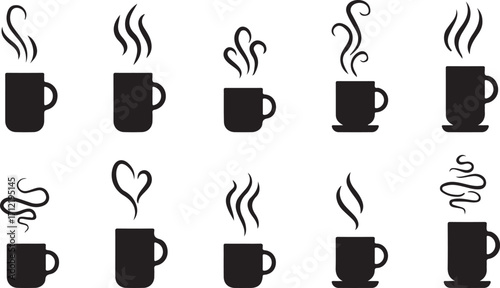 Coffee Cup Steam Doodle Icons – Hot, Drink, Café, Cup, Beverage, Hand-drawn, Coffee, Tea, Warm, Cartoon, Sketch, Vector, Black, White, Minimal, Icon, Symbol, Outline, Doodle

