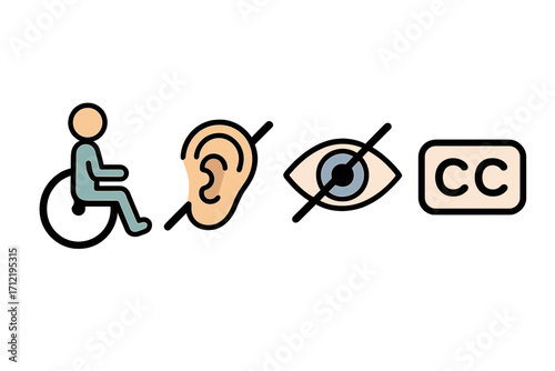 Accessibility vector icons. Disability and impairment symbol set. Wheelchair for physical handicap, blind, deaf, and closed caption signs. Inclusive design elements.