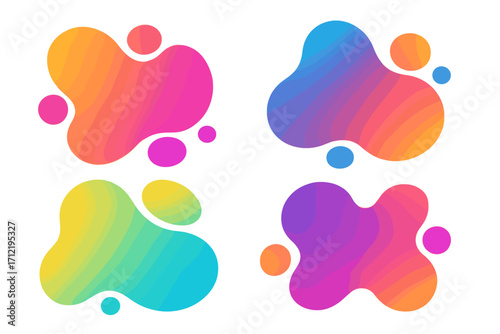 Set of abstract liquid shapes. Colorful gradient blobs. Modern vibrant fluid elements for graphic design. Dynamic amorphous vector background banners. Isolated on white.