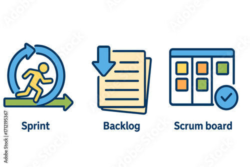 Agile methodology icon set for project management. Vector icons for sprint, backlog, and scrum board. Workflow, task management, and development process symbols. Clean cartoon style.
