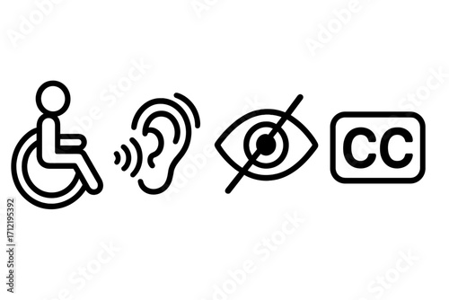 Accessibility icons set. Disability symbols. Wheelchair for mobility, ear for hearing impairment, crossed eye for visual impairment, CC for closed captions. Vector signs.