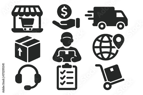 E-commerce logistics icon set. Vector symbols for online shopping, shipping, delivery. Business icons for payment, customer support, global tracking, and package handling.