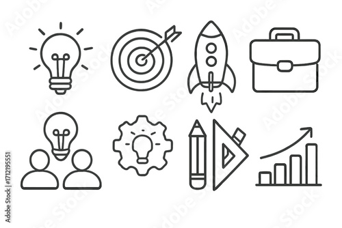 Vector line icon set for business startup, innovation, and growth. Metaphors for idea, goal setting, teamwork, planning, and success. Rocket, lightbulb, target icons.