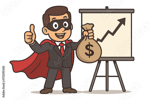 Super businessman hero character holds money bag by growth chart. Metaphor for financial success, profit, and sales achievement. Cartoon vector for investment motivation.