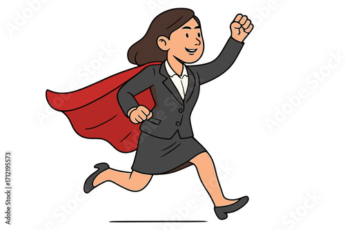 Businesswoman superhero running with red cape. Metaphor for leadership, success, empowerment and ambition. Confident female leader or manager. Career woman power vector cartoon.
