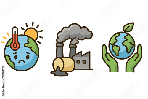 Climate change and global warming icon set. Vector cartoon illustrations showing pollution from industry and environmental protection concepts. Ecology and sustainability symbols.