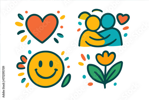 Love, unity, positivity icon set. Colorful abstract shapes. Vector cartoon illustration. Heart symbol, couple hugging, happy smiley face, flower drawing. Flat design sticker pack.