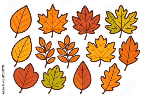 Autumn leaves vector set. Fall foliage cartoon illustration collection. Cute seasonal decorative elements for Thanksgiving. Isolated colorful leaf icons in flat modern style.
