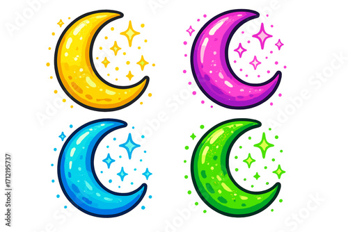 Cute cartoon crescent moon collection. Set of colorful glowing moons with magic stars. Fantasy celestial icon set. Vector illustration of yellow, pink, blue and green half-moons.