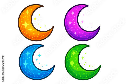 Colorful crescent moon collection. Glowing magic fantasy moons with sparkles. Vector cartoon asset pack. Night sky celestial objects. Lunar icons for stickers or games.