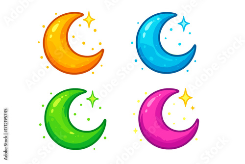 Colorful crescent moon set. Cute cartoon vector icons with glowing stars. Magical celestial elements for kids design. Fantasy night sky graphic asset. Sweet dreams symbol.