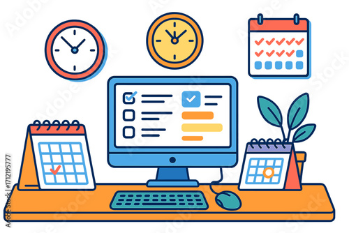 Time management concept. Productivity and planning with computer, calendar, and clock. Office workspace with schedule and to-do list for workflow organization. Vector cartoon.