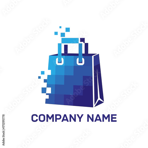 Digital Shopping Bag Logo Design with Pixelated Effect for Online Retail.