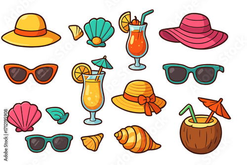 Summer beach vacation accessories icon set. Cartoon vector elements for travel and holiday design. Sun hat, sunglasses, seashell, tropical cocktail, and coconut drink isolated.